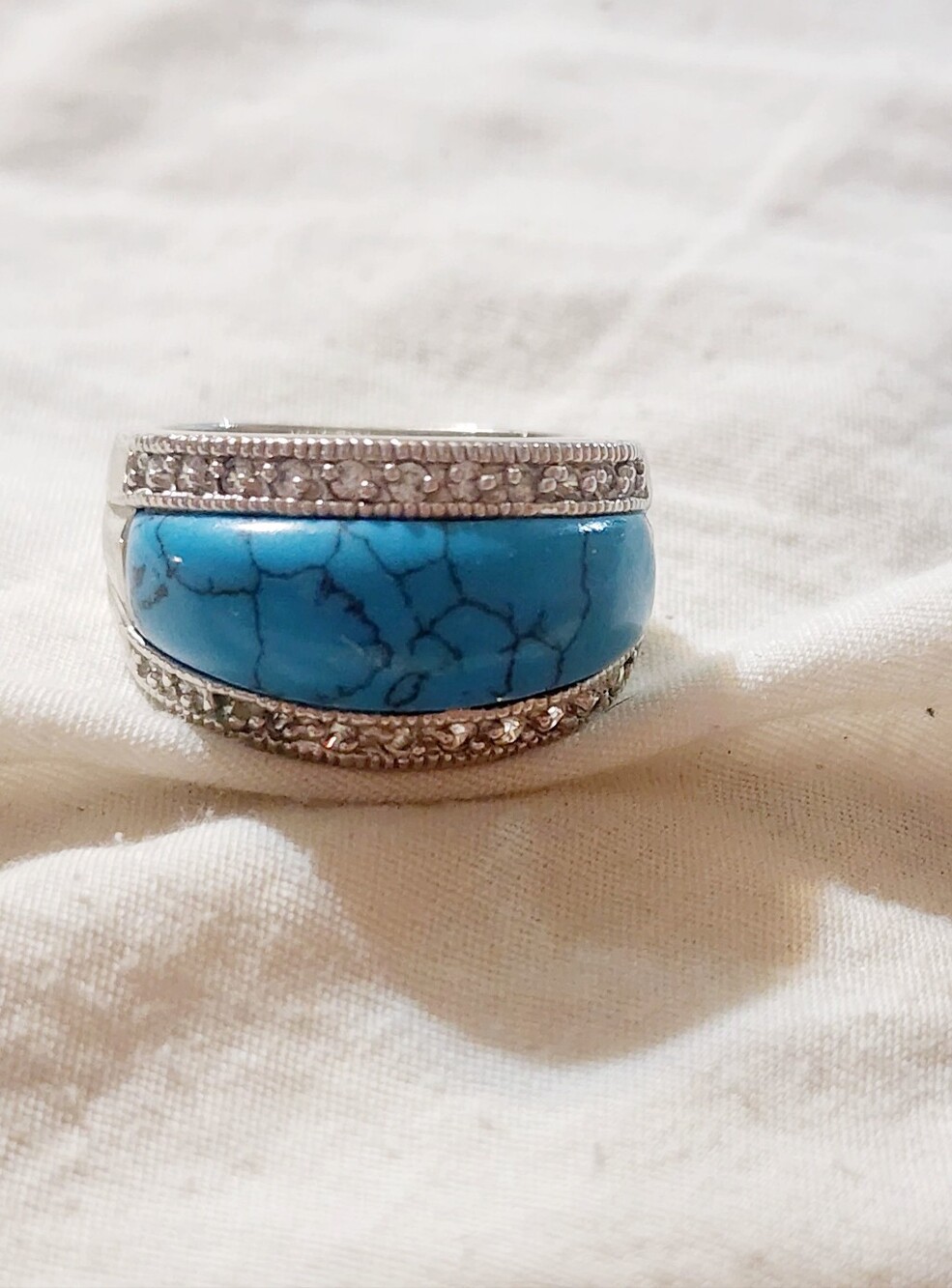 Lia Sophia Silver Ring with Bright Turquoise Inlay and Crystal Trim